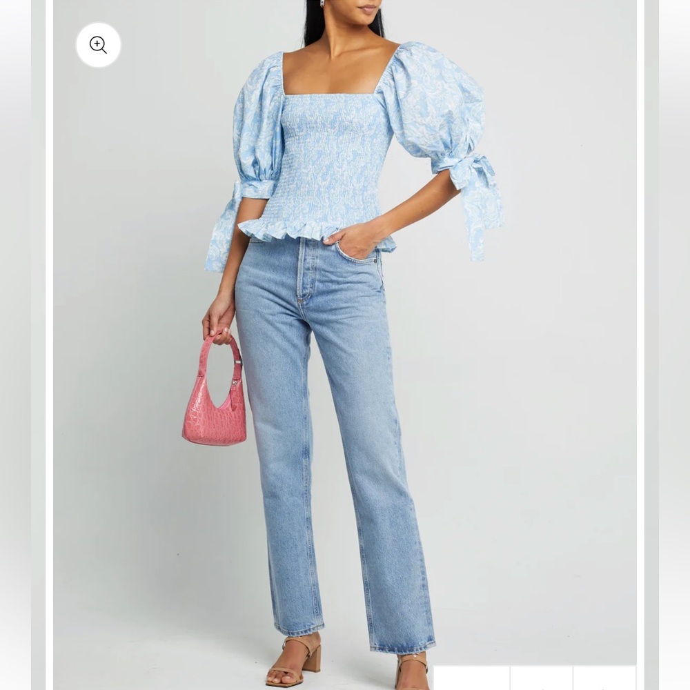 Light Blue Puff-Sleeve Square-Neck Blouse